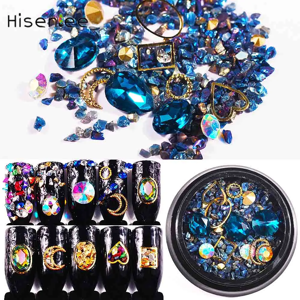 Hisenlee, 1 коробка, стразы для дизайна ногтей, смешанные, 3D кристаллы, каситерит, камни, металлические заклепки, ногти, амулеты, DIY, комбинированные аксессуары