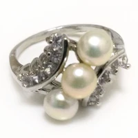 wholesale 7 6 7mm natural white cultured freshwater button pearl women bridal engagement ring with shiny zirconia