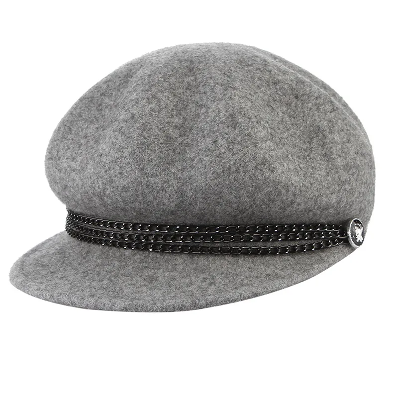 Grey Новинка, осенне-зимние шапки для женщин, одноцветные, шерсть, теплые береты, шапки с цепочкой, повседневная женская кепка Newsboy - Цвет: Grey