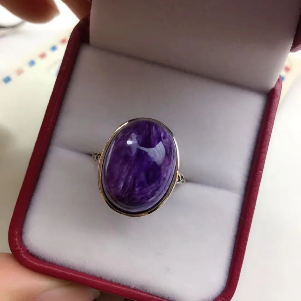 

Natural Purple Charoite Ring Stone Crystal Women Men Lucky Love Gift Jewelry 925 Silver 17x13mm Oval Beads Adjustable Ring AAAAA