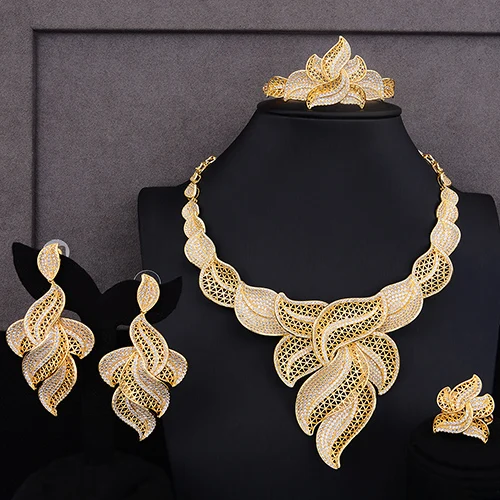 Gold Godki роскошный лист перьев нигерийские комплекты ювелирных изделий для женщин свадебный кубический циркон CZ Дубай золотой свадебный ювелирный набор - Окраска металла: Gold