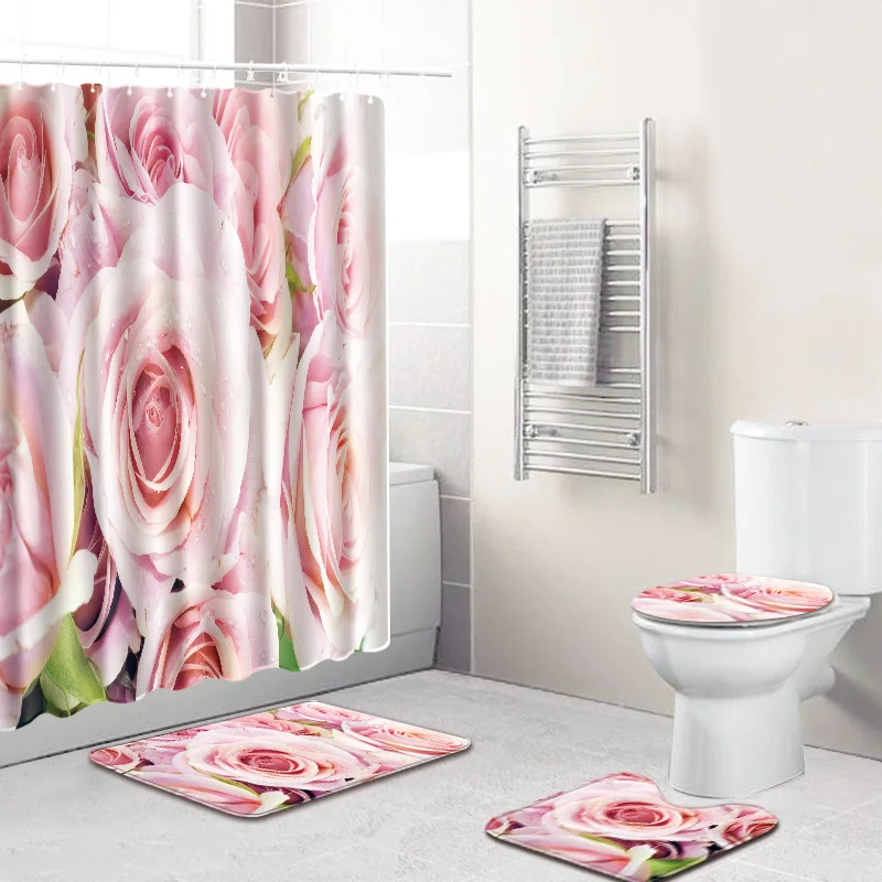4 Pieces Set Waterproof Shower Curtains with Hooks + Non-Slip Pedestal Rug Lid Toilet Cover Bath Mat | Дом и сад