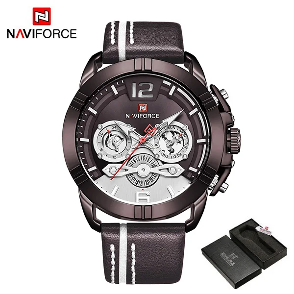Coffee Box NAVIFORCE мужские часы Топ бренд Роскошные модные мужские кожаные водонепроницаемые кварцевые часы мужские спортивные аналоговые часы Relogio Masculino - Цвет: Coffee Box