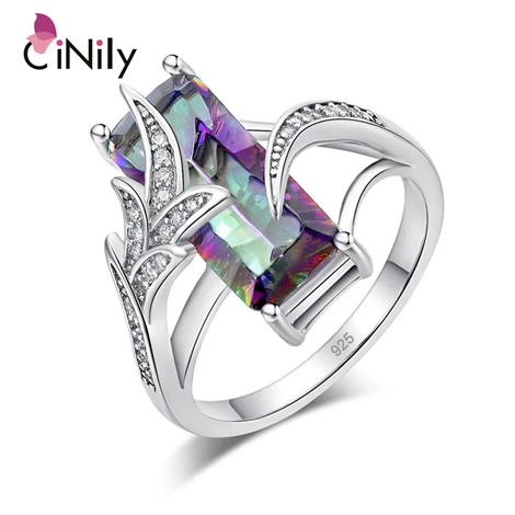 Rainbow CiNily радужные мистические циркониевые кольца с серебряным покрытием, роскошное большое кольцо с камнем в богемном стиле, ювелирные изделия в богемном стиле, женские подарки, Размер 11, 12 - Цвет основного камня: Rainbow