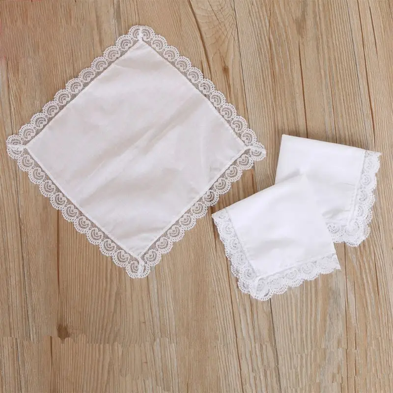 Women Plain White Square Handkerchiefs Crochet Peach Heart Scalloped Lace Trim Bridal Wedding DIY Cotton Napkin Hankies 25x25cm |