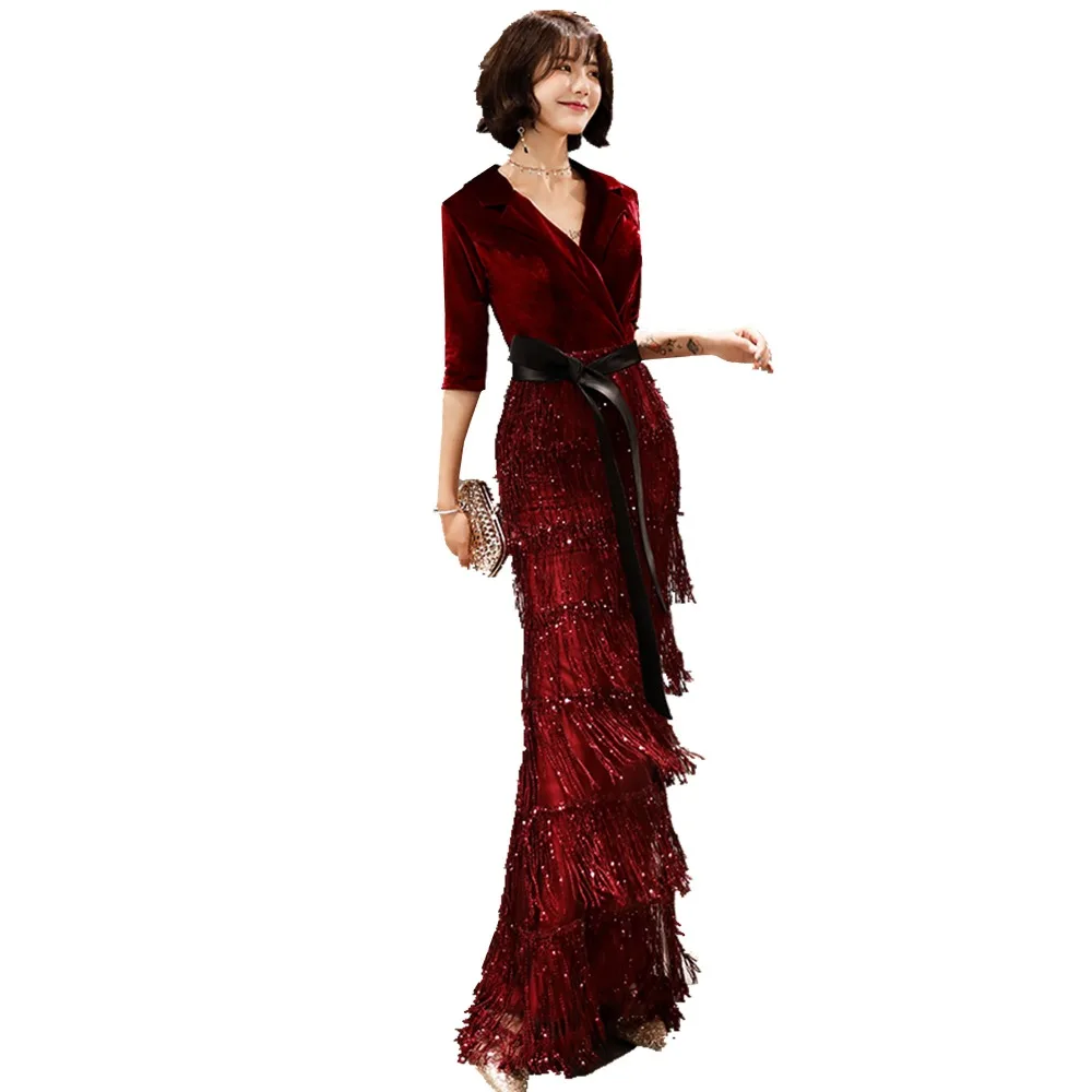 

Burgundy Slim Sequined Mermaid Prom Dresses 2020 V Neck Dubai Arabic Evening Dresses velvet Tassel вечернее платье сблестками