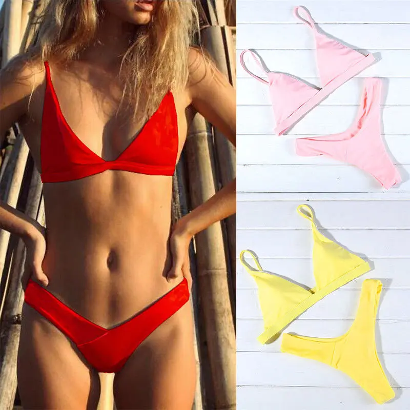 

Hirigin 2019 Women Bikinis Set Pushed Up Padded Bra Solid Swimwear Back Adjustable Hasp Swimsuits Bathing Suits Beachwear