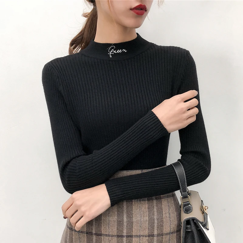 New Women Sweater Queen Embroidery Letter Knitted Pullovers Crew Neck Autumn Winter Casual Slim Elastic Ladies Knitwear | Женская одежда