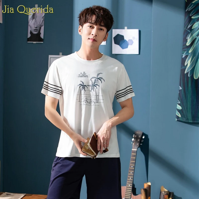 Mens Pajama Set Cotton Home Clothing Leisure Sleeping Suit Men Summer Shorts Pyjama Set Cotton Men Two Pieces Nightwear Men