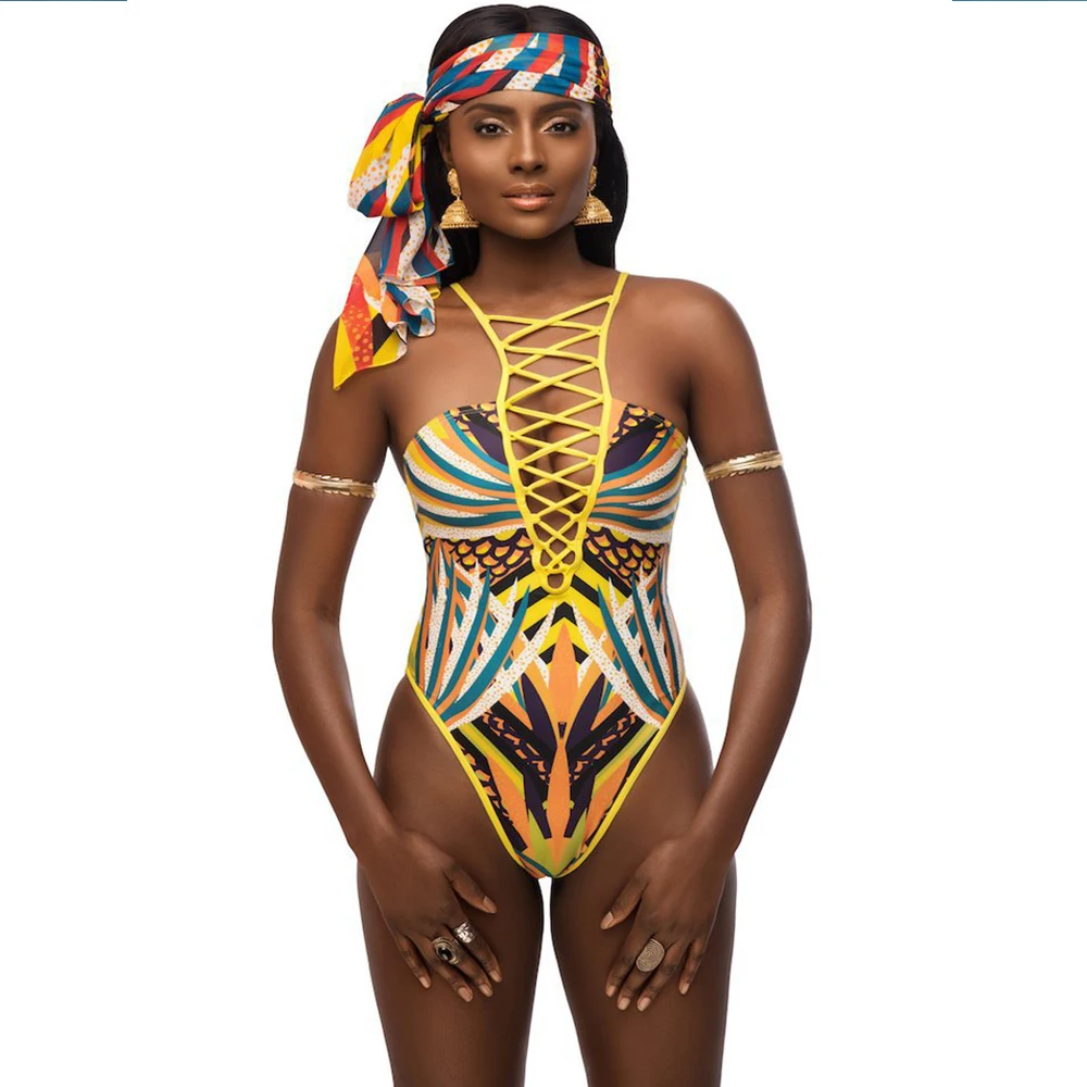 Женский слитный купальник с принтом Toem желтый монокини перекрестной повязкой в