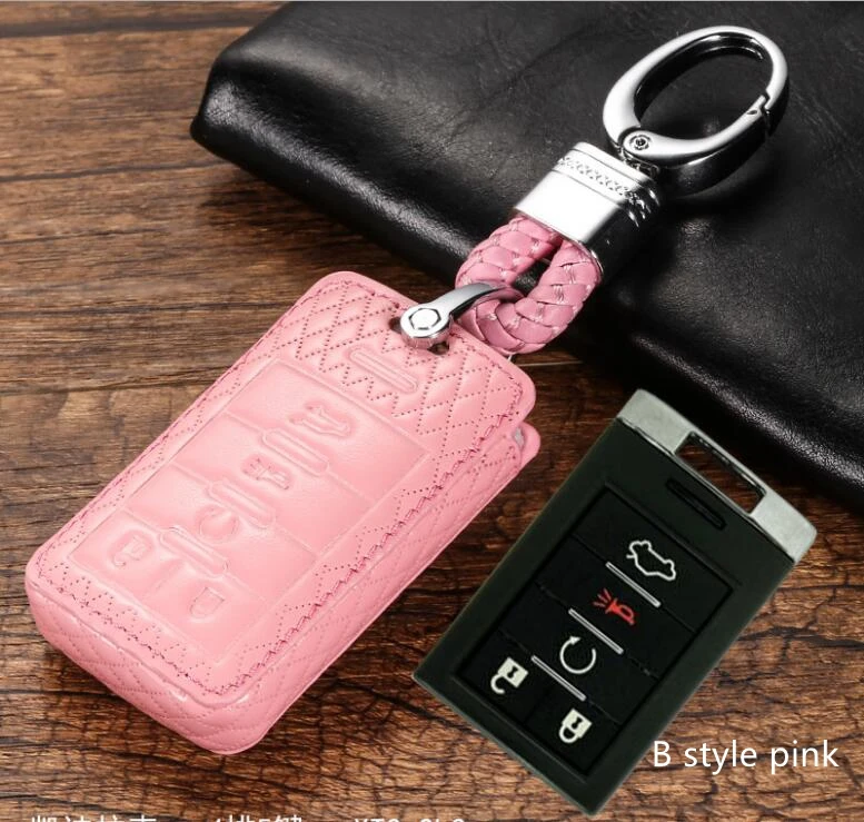 

Gift Car Genuine Leather Key Pocket Cover Case Chain Bag For Cadillac XTS SLS CTS XTS SRX 5 button Smart Remote Key Protect