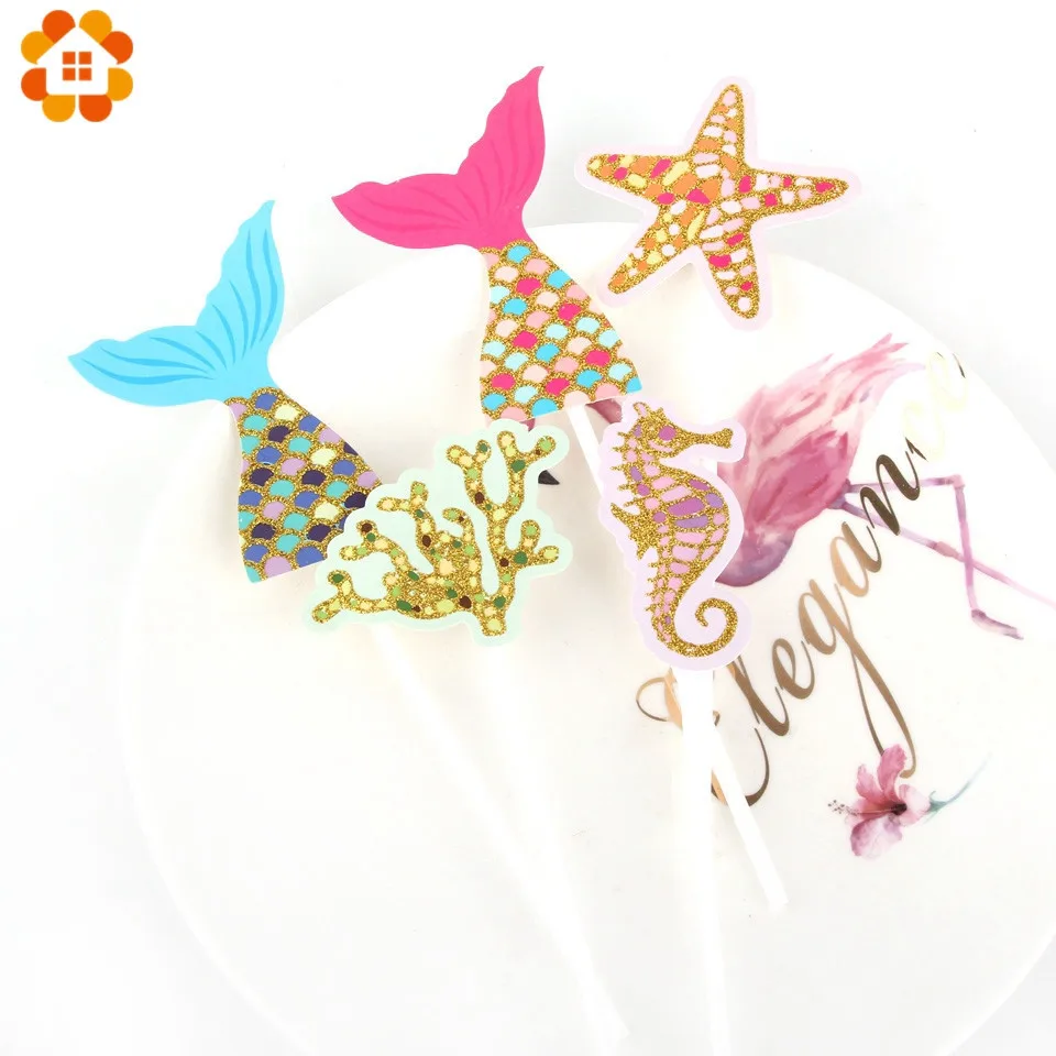 7Set/Lot Birthday Cake Toppers Cute Glisten Mermaid Theme Party Cupcake Decoration Tail Sequins Pearl Fashion Supplies | Дом и сад