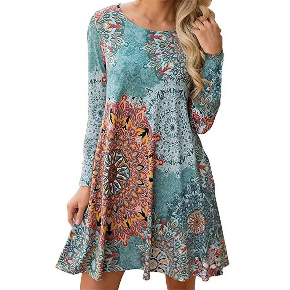 Женское короткое винтажное платье с длинным рукавом Boho Пляжное цветочным