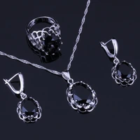 stylish oval egg black cubic zirconia silver plated jewelry sets earrings pendant chain ring v0275