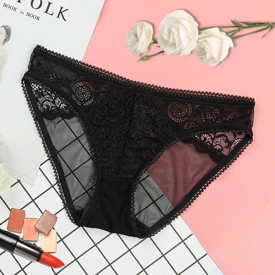 Transparent underwear net gauze sexy low waist female lace hollowed triangle crotch cotton |