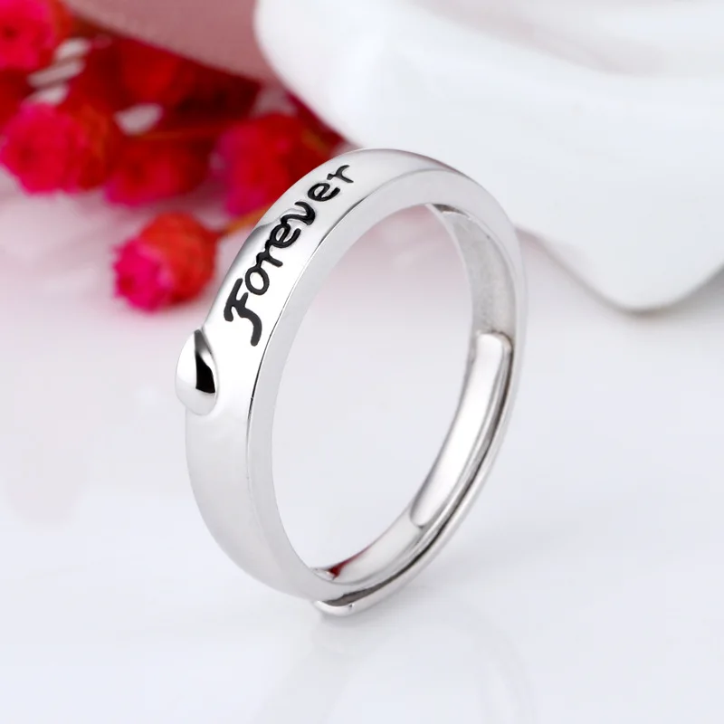 925 пробы серебряные кольца для пар с милыми буквами Forever Love, черные регулируемые кольца с надписью «половина сердца», свадебные ювелирные изделия для влюбленных - Цвет основного камня: forever
