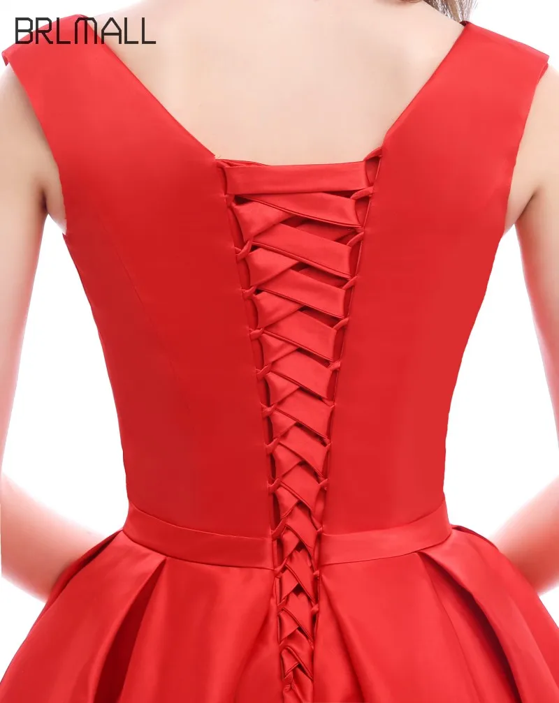 BRLMALL Simple Sleeveless Red A Line Prom Dresses Party Gown Crew Bow Satin Sweep Train Evening Formal Dress robe de soiree | Свадьбы и