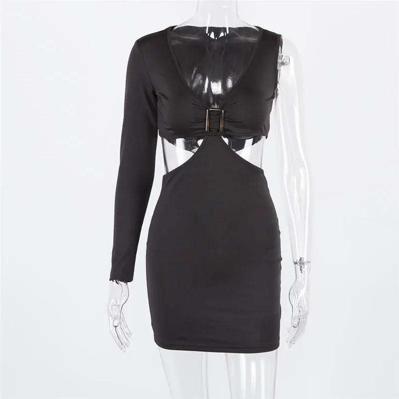 

Winter Long Sleeve Women Mini Dress Sexy V-neck Hollow Out Female Vestidos Night Club Empire One-shpulder Lady Dress