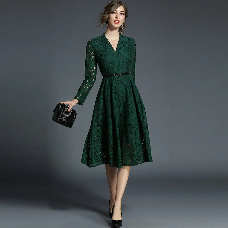 Зеленый элегантные дамы v-образным вырезом кружевное платье ремень Vetement Femme 2018