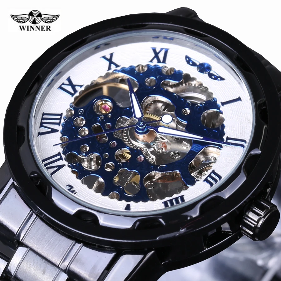 

2018 Fashion Retro Vintage Stainless Steel Skeleton Mechanical Watch For Man Black Mechanical Wrist Watches Winner Brands Clock