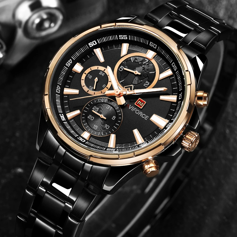 Часы наручные NAVIFORCE Мужские кварцевые золотистые модные брендовые Роскошные