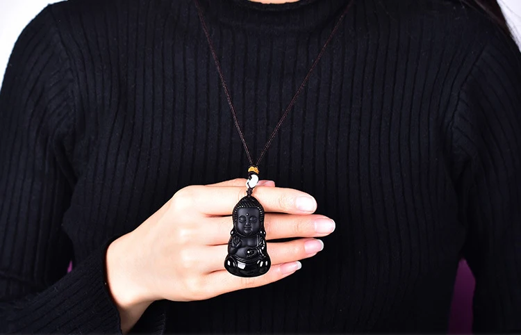 

Wholeasle Scrub Black Natural Obsidian Stone Pendants Three-dimensional Small Buddha Necklace Lucky Women Men Fashion Jewelry