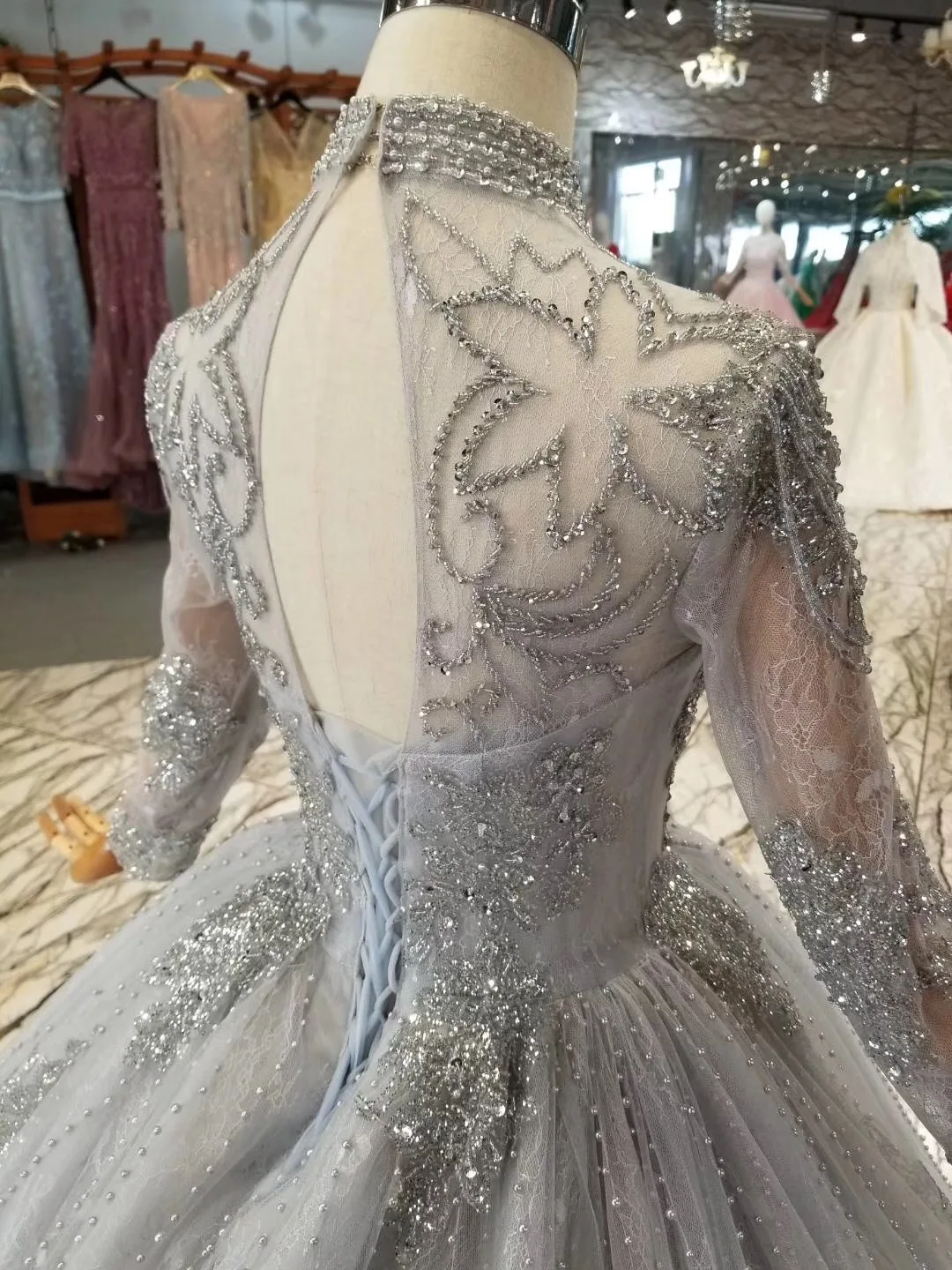 Dubai Luxury Crystal Prom Dresses With Sheer Full Sleeves 2019 Shiny Beaded Telass Grey High Neck Bridal Party Gowns | Свадьбы и