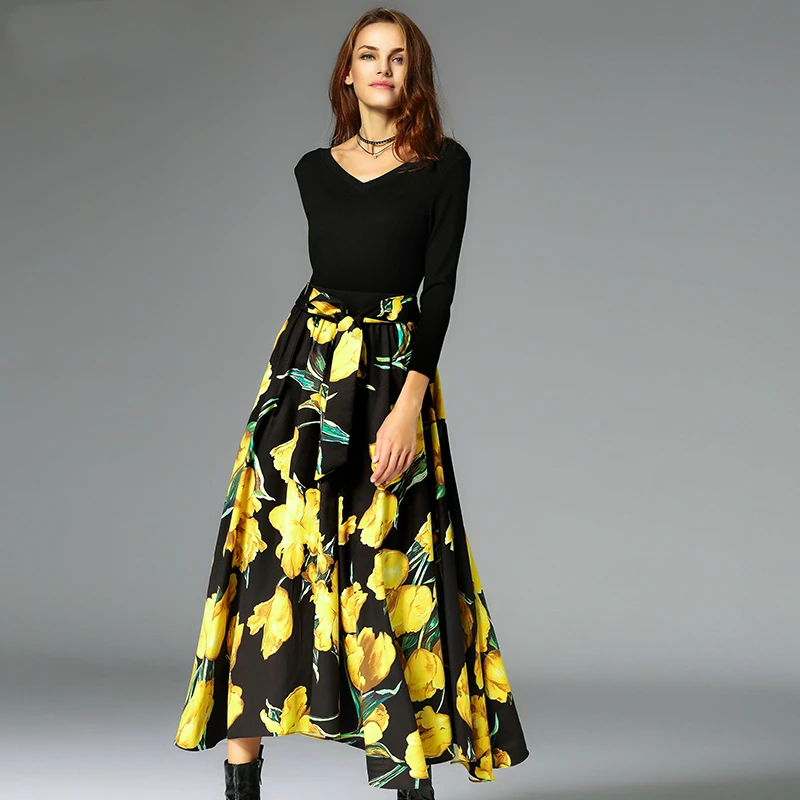 

Ladies 2017 Spring Summer New Fashion Elegant Flora Print Mid-Calf Runway Skirt Women Casual Bow High Waist Slim A-Line Skirts
