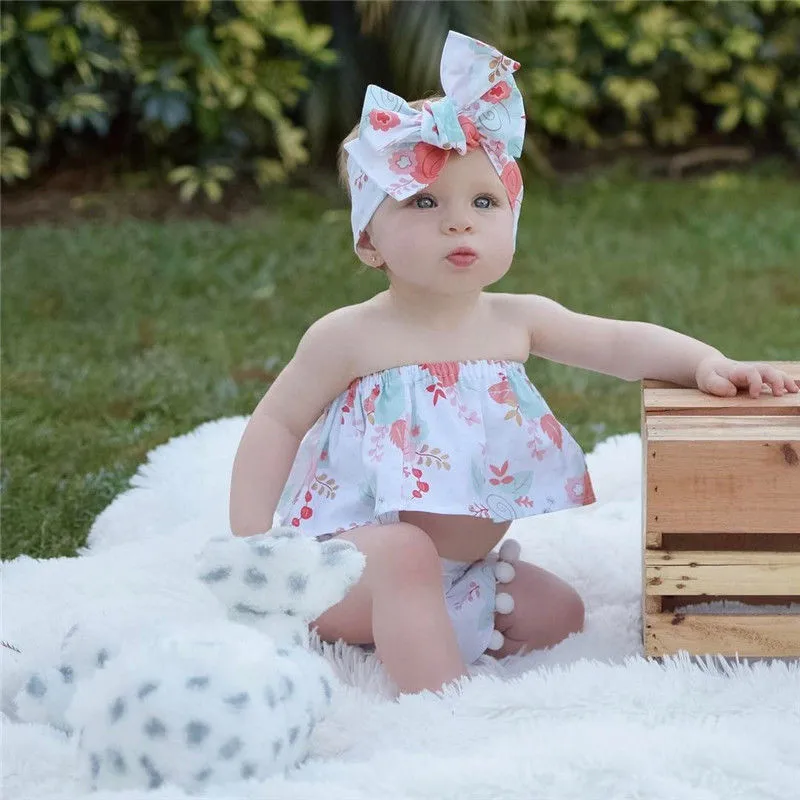 3Pcs Infant Baby Girl Floral Print Clothes Set Strapless Off Shoulder Crop Top Tassel Shorts Panties Headband 0-24M | Мать и ребенок