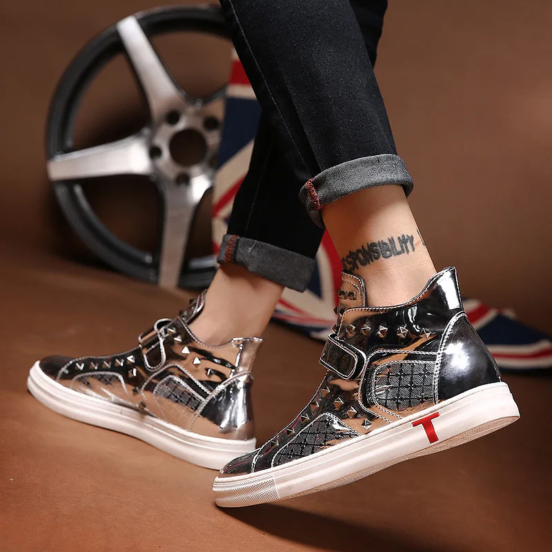 

New Men Martins Boots Patent Leather Big Size high-top Men's Casual Rivet Increased Shoes Male Ankle Boots Autumn Winter Shoes