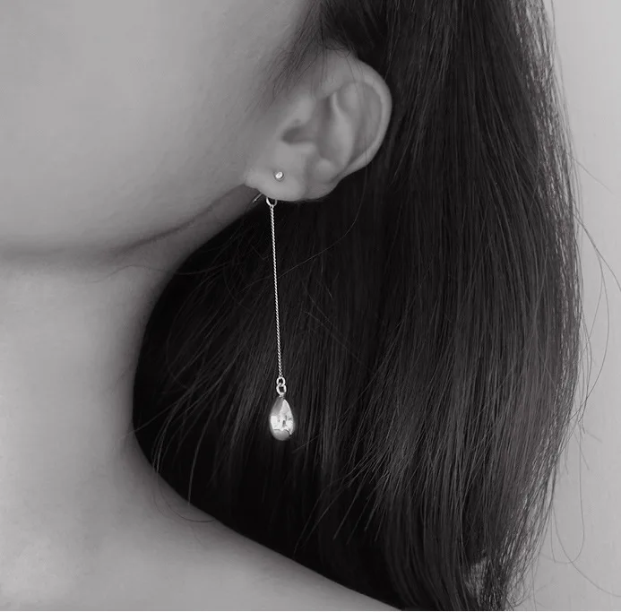 

100% Authentic 925 Sterling silver Polished Lucky Bead & Waterdrop Tears Oval Geometric Dangle earrings Long FINE jEWELRY E200