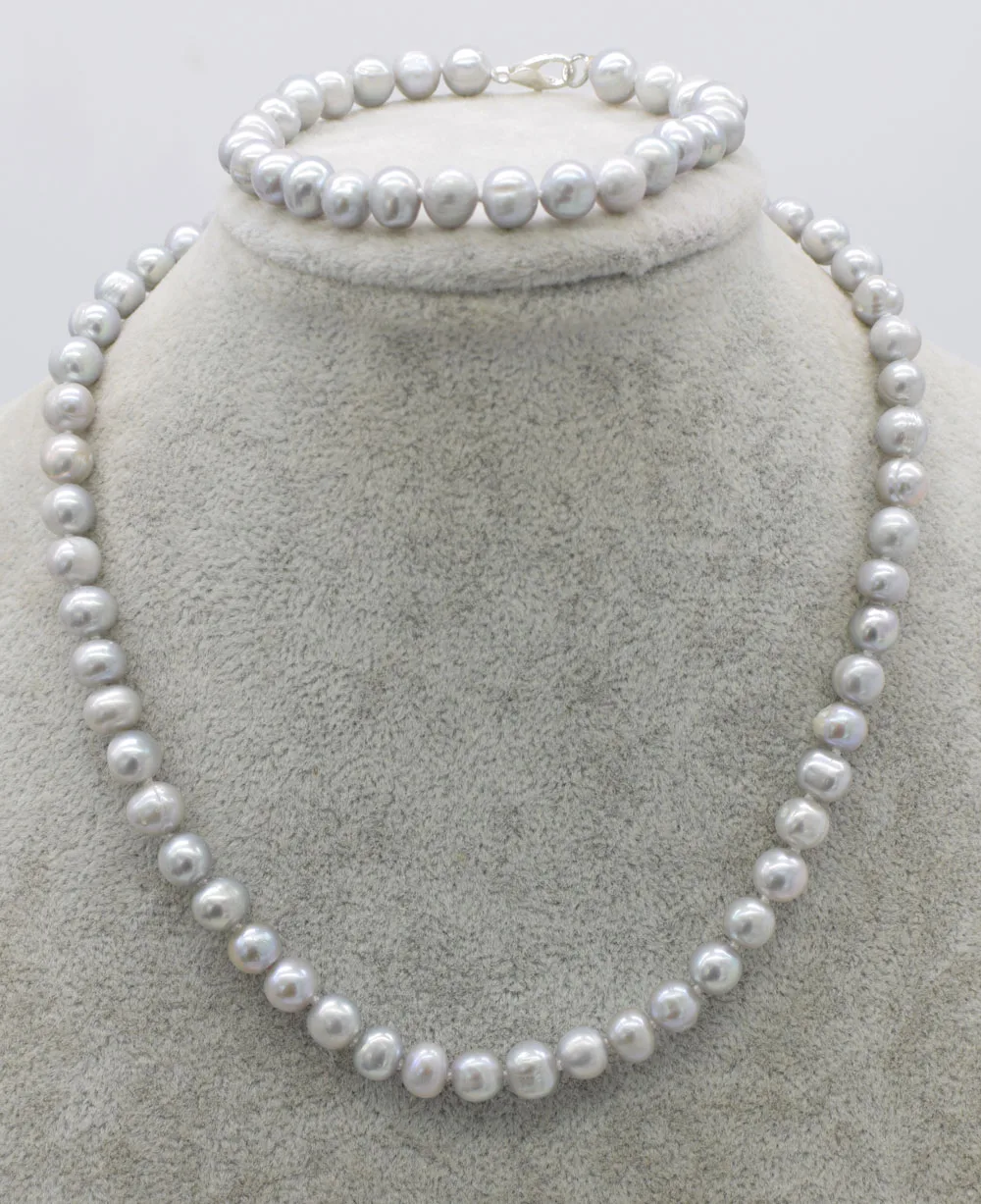 

wow! one set freshwater pearl near round gray 7-8mm necklace bracelet 17" 7.5" nature FPPJ wholesale beads