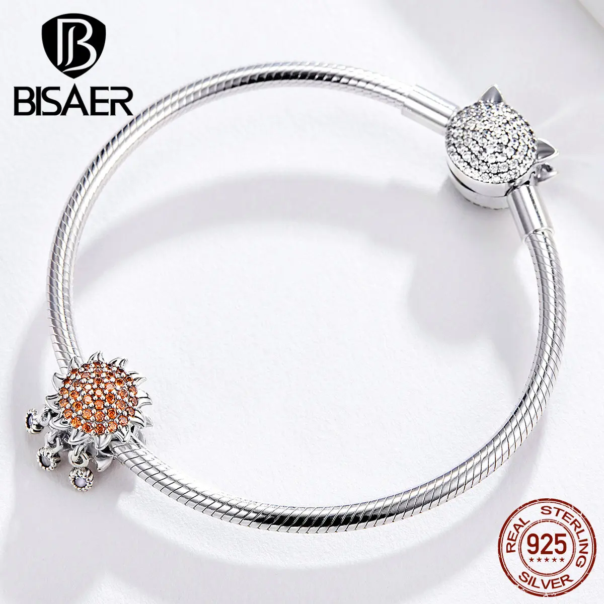 BISAER бусины в виде подсолнуха, 925 пробы, серебро, циркон, солнечные цветы, очаровательные браслеты, ювелирные изделия из стерлингового серебра ECC1190