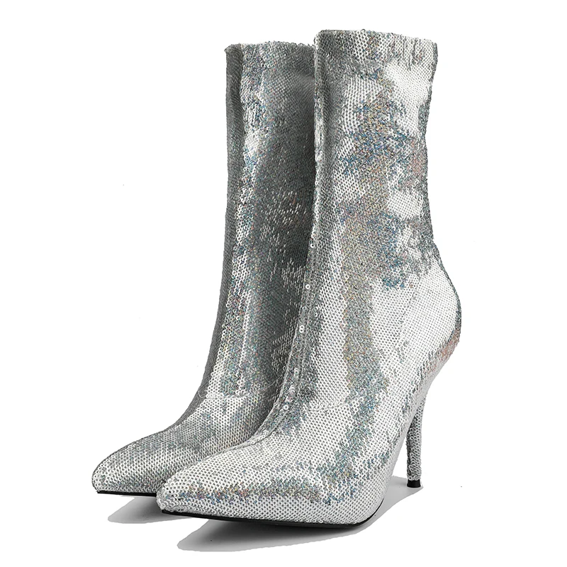 Arden Furtado 2018 autumn woman ankle boots stilettos heels slip on pointed toe short bling sequined fashion shoes | Обувь