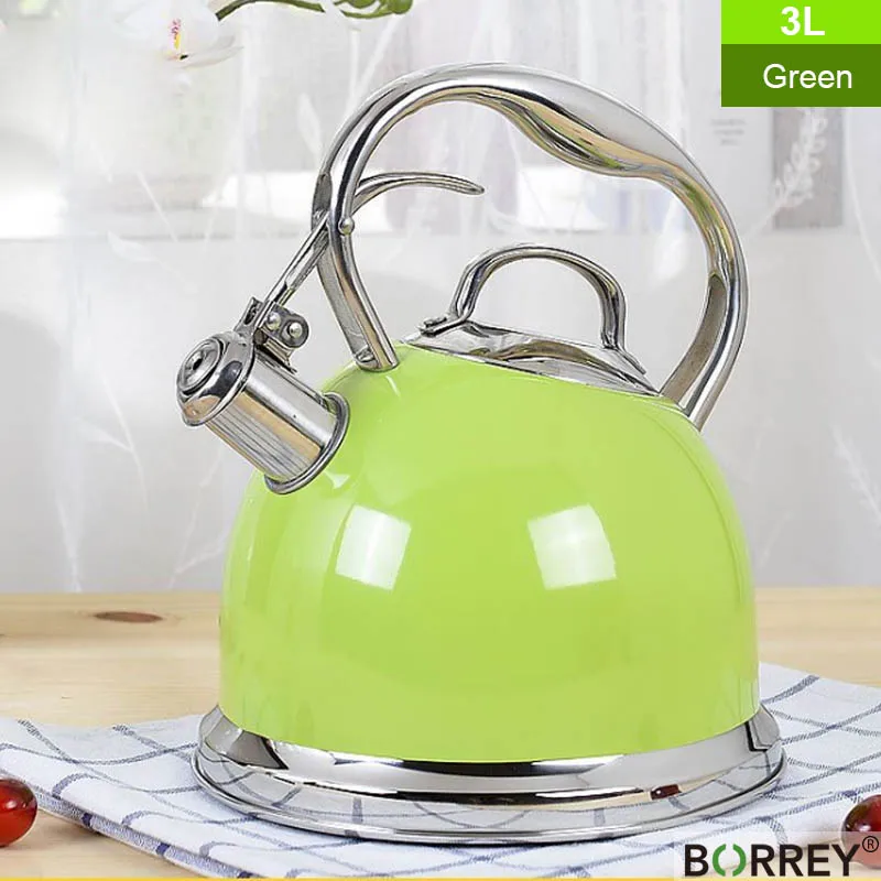 Green(3L) BORREY чайник для воды из нержавеющей стали, индукционная плита, чайник со свистком, газовая плита, чайник, кастрюля, котел для кемпинга - Цвет: Green(3L)