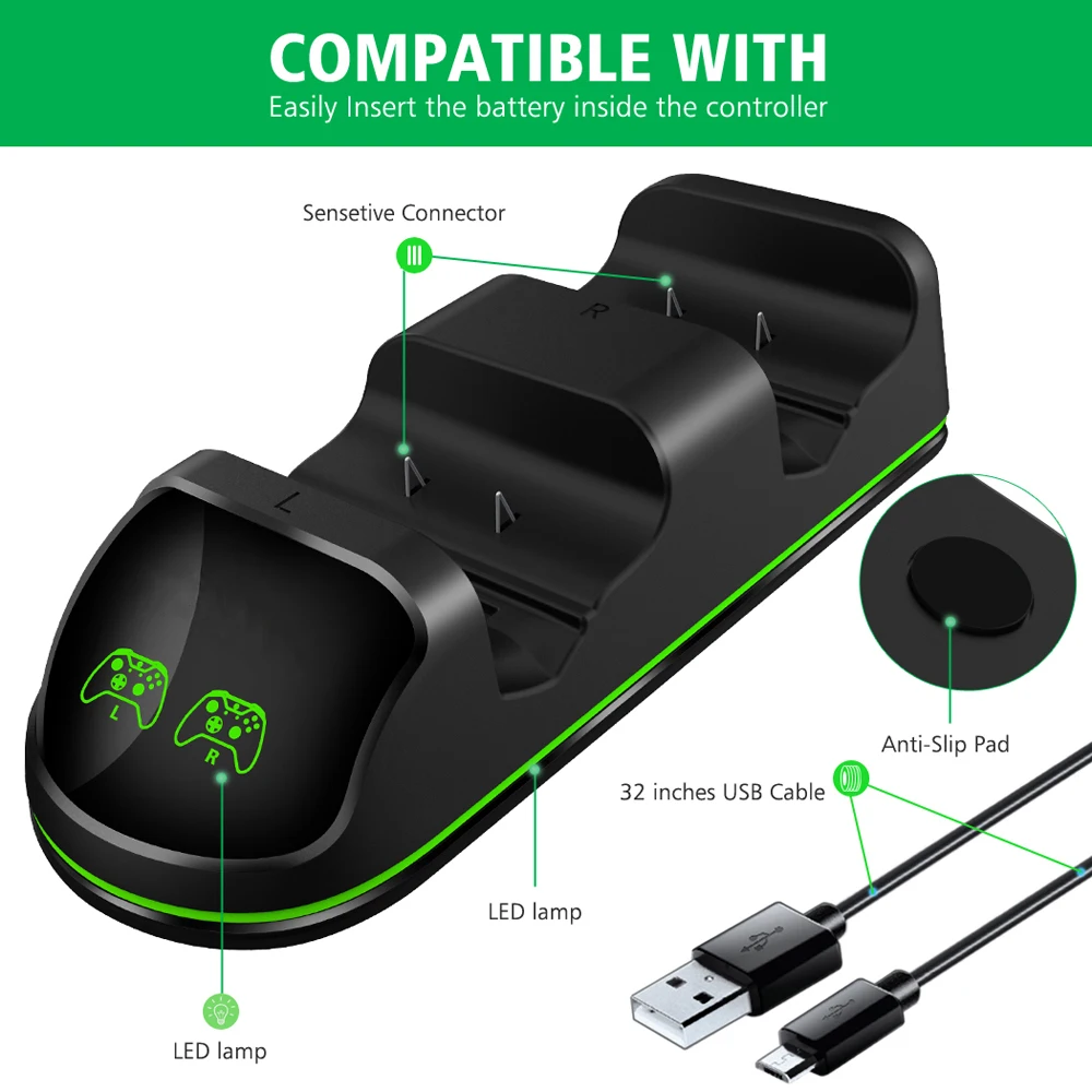 DOBE Зарядное устройство для контроллера, совместимое с Xbox One/S/X/Elite Dual Dock Station с 2x600 мАч аккумуляторами IV-X1876.