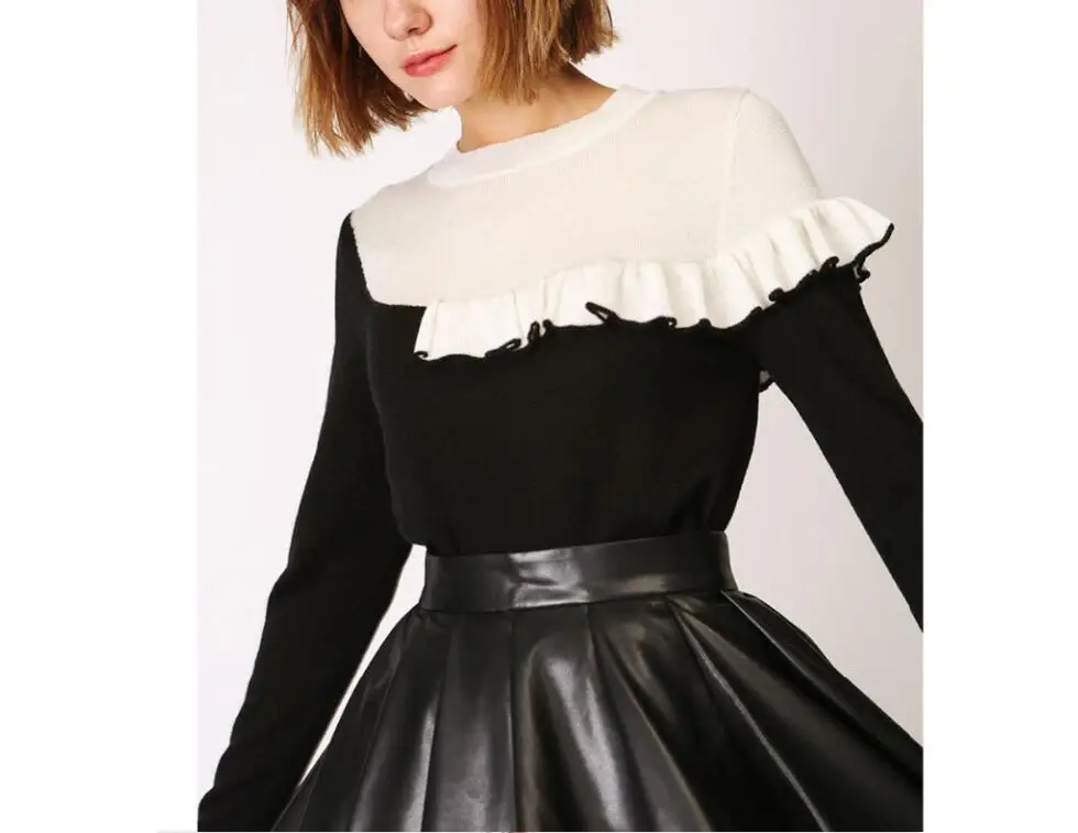 Black White Contrast Color Ruffles Sweater Woman Casual O Neck Long Sleeve Patchwork Pullovers Tops 2018 Wool Knitted Sweaters | Женская