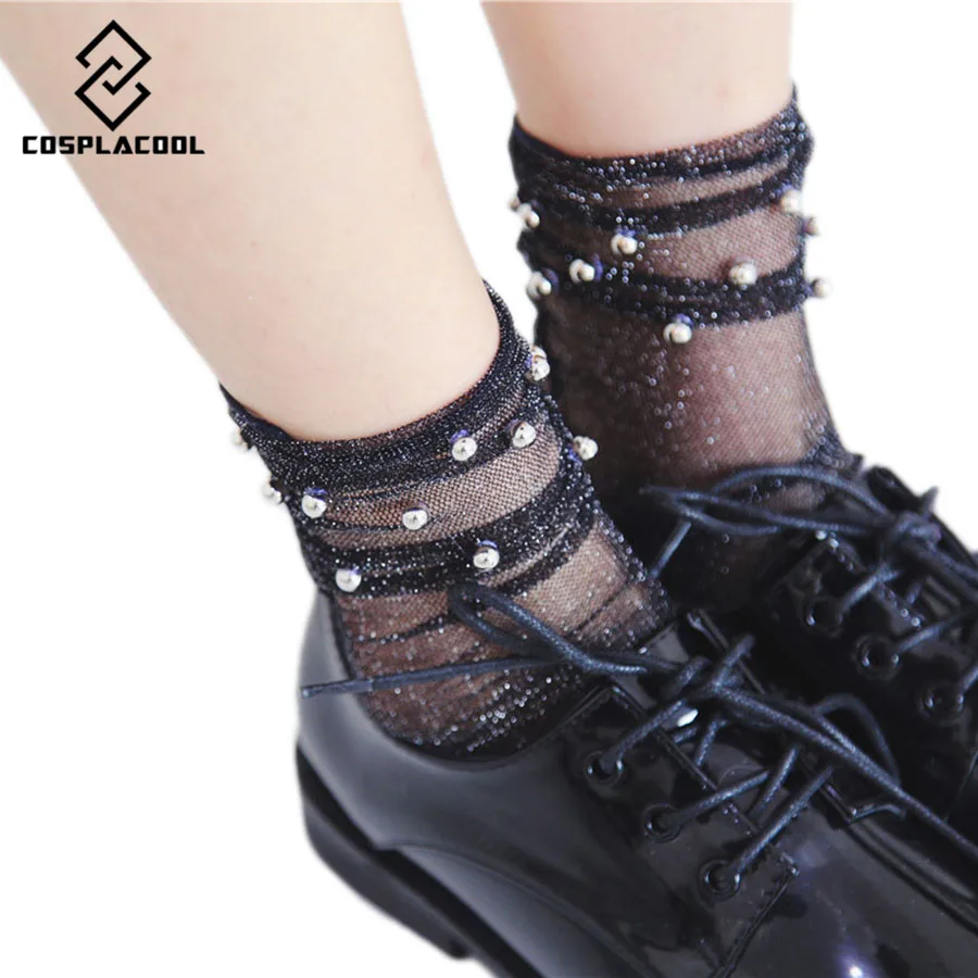 Женские прозрачные сетчатые носки [COSPLACOOL] золотистые серебристые с жемчугом