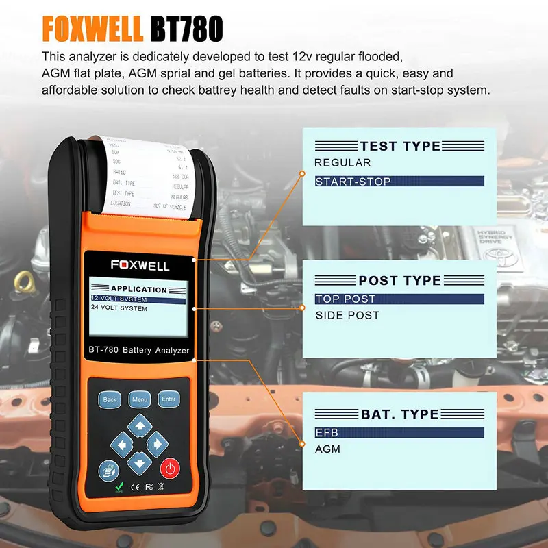 Автомобильный тестер батарей Foxwell BT780 12 В 24 Встроенный принтер анализатор