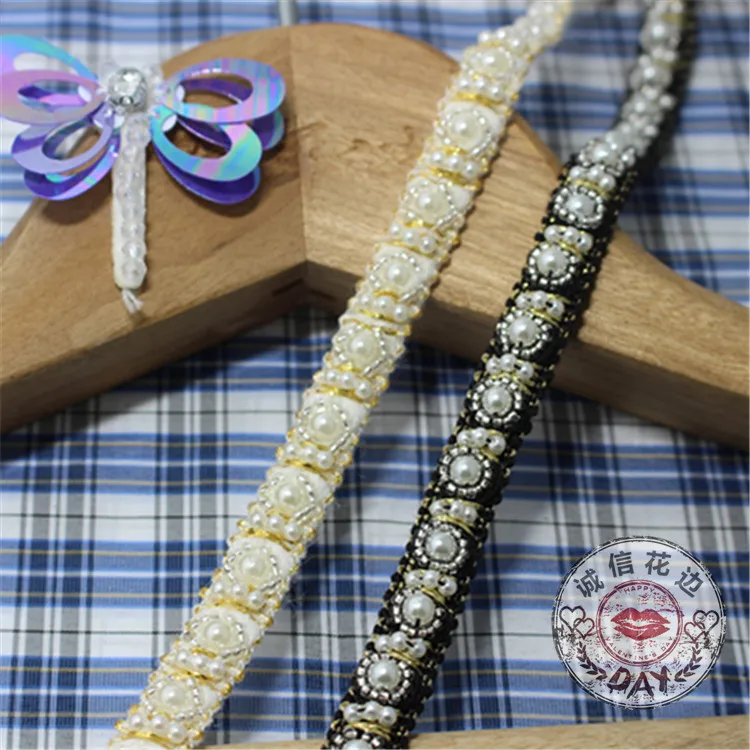

2Yards /lot 1.2cm High Quality DIY Manual Bead Lace Fabric Fake Pearl Lace Trim Decoration Wedding Accessories Dress Lace Collar