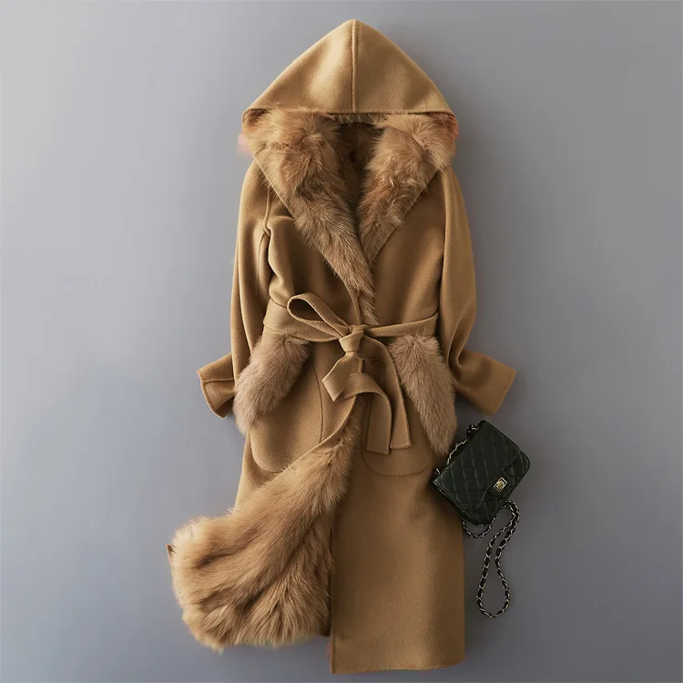 camel Осенне-зимняя куртка женская одежда пальто из натурального меха шерстяная куртка подкладка из лисьего меха с капюшоном Корейская приталенная двухсторонняя одежда ZT606 - Цвет: camel