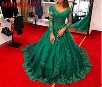 a line formal emerald green evening dresses 2019 long sleeve lace applique beads plus size prom gowns robe de soiree