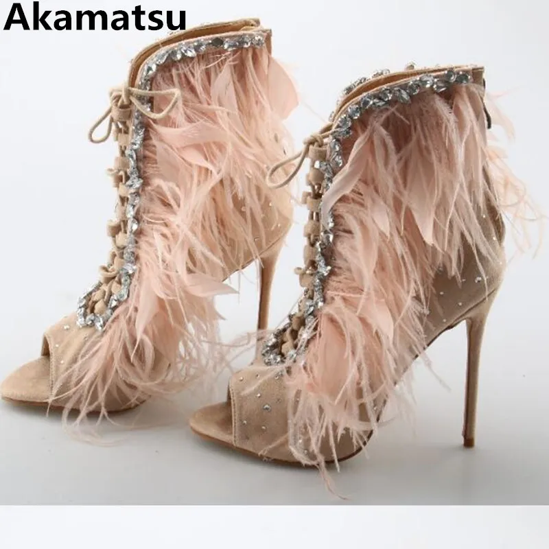 

Akamatsu sandalias mujer 2021 feathers crystal embellished stiletto supper high heels Open Toe Gladiator Sandals shoes woman