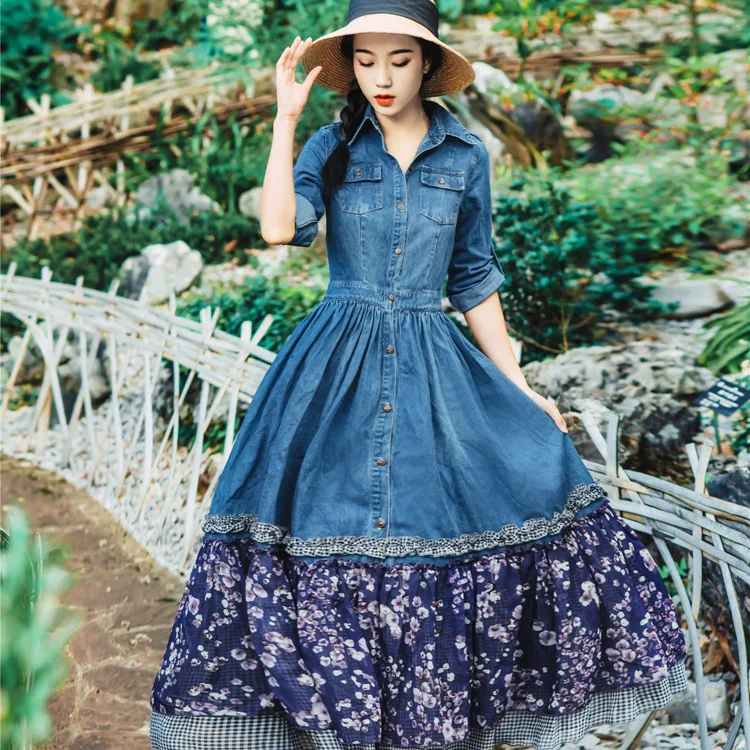 

Autumn and winter clothes new women slim cowboy denim patchwork dress floral mosaic with belt long-sleeve maxi long blue dress