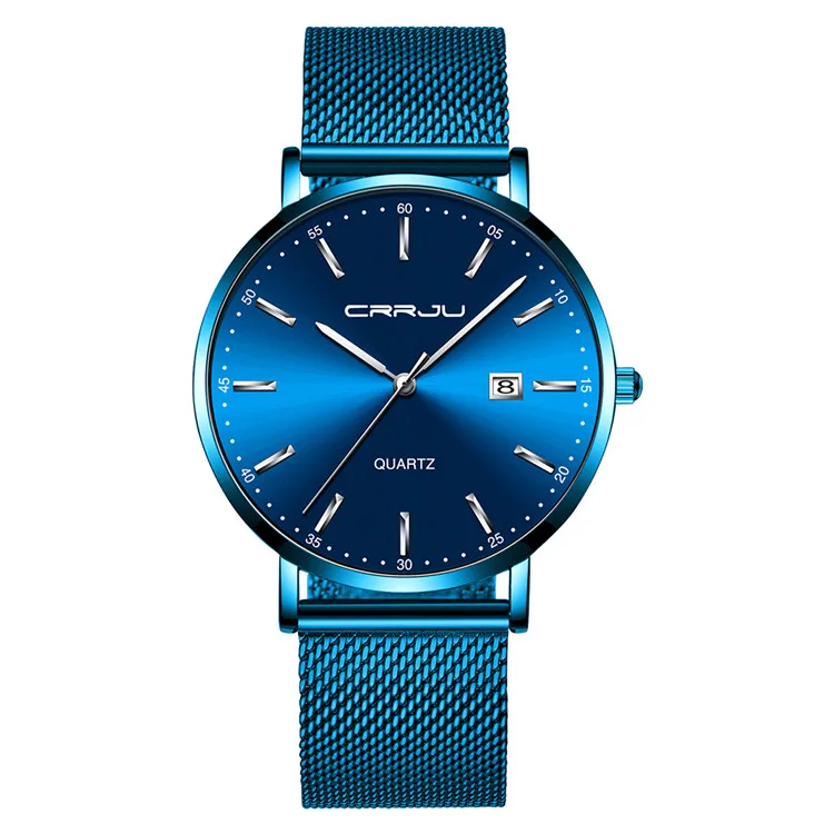 Blue Silver CRRJU модные розовые Золотые женские часы Стильные Простые унисекс из нержавеющей стали с сеткой кварцевые наручные часы женские водонепроницаемые часы - Цвет: Blue Silver