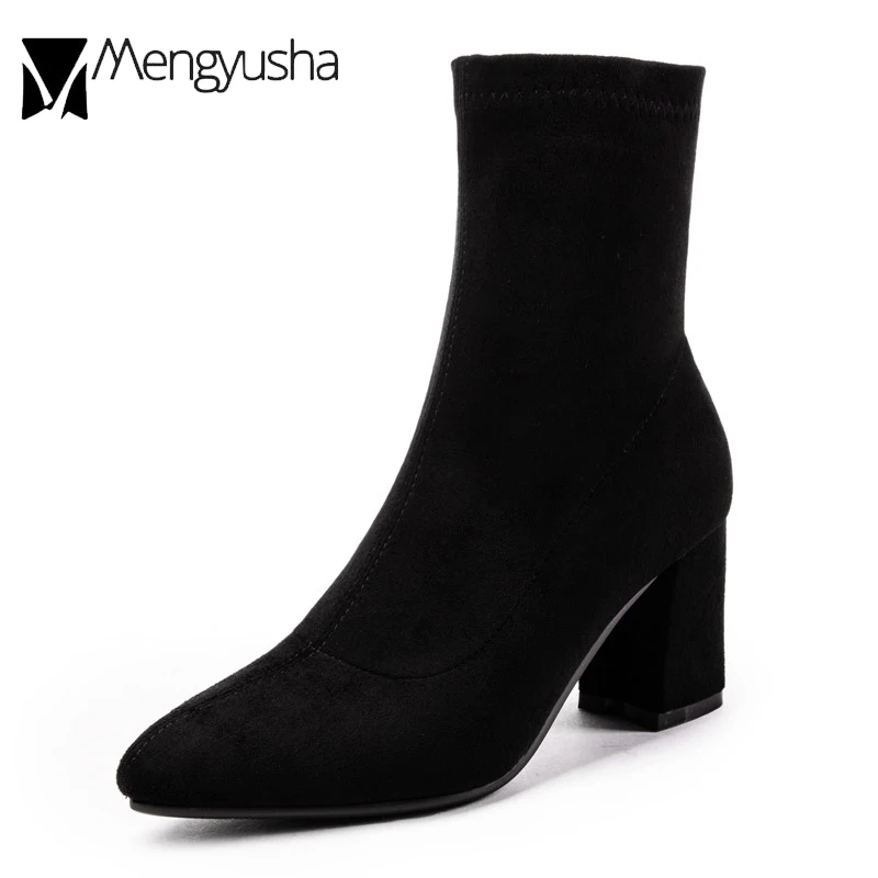 Женские Стрейчевые ботинки носки из натуральной кожи женские на толстом высоком