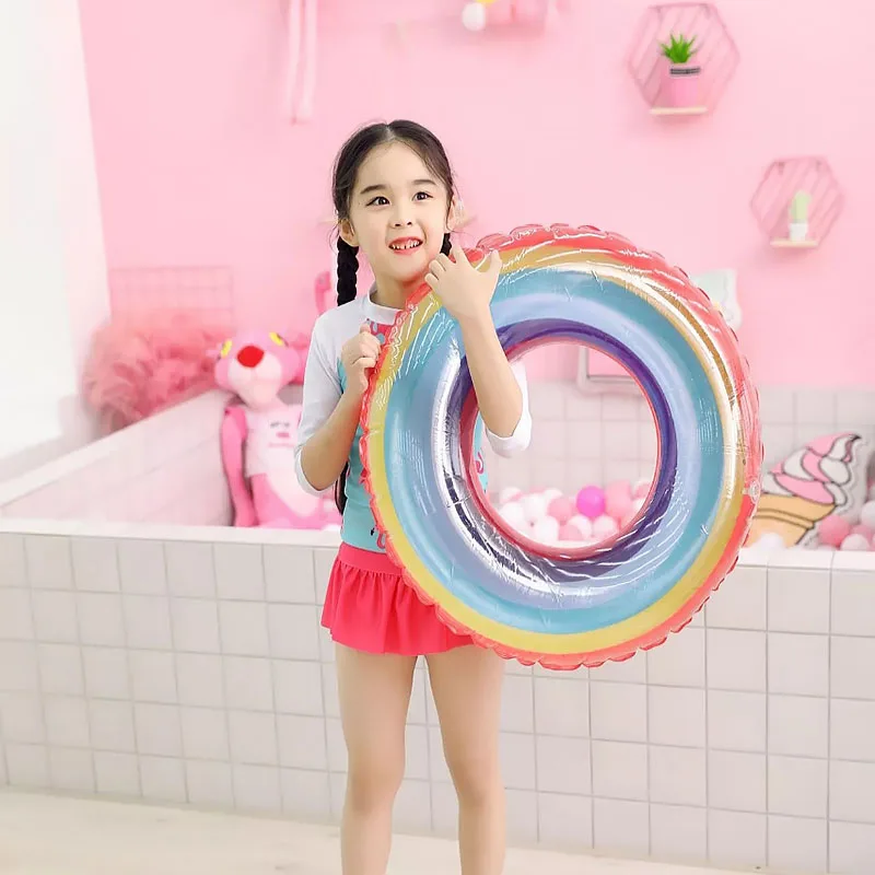 

Transparent Rainbow Swimming Ring Inflatable Lifebuoy Kid Adult Float Toy Pool Beach Party Decoration Supplies Hawaii Summer Fun