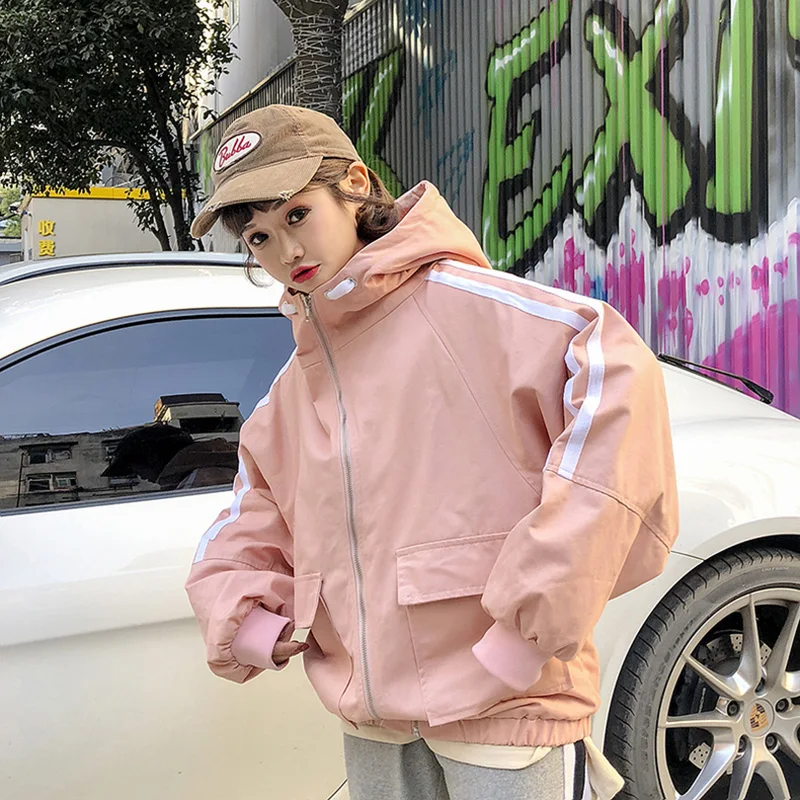 Весенние новые куртки с капюшоном, повседневные женские бомбочки, BF Harajuku, свободная ветровка, Женская куртка с длинным рукавом, осенние куртки