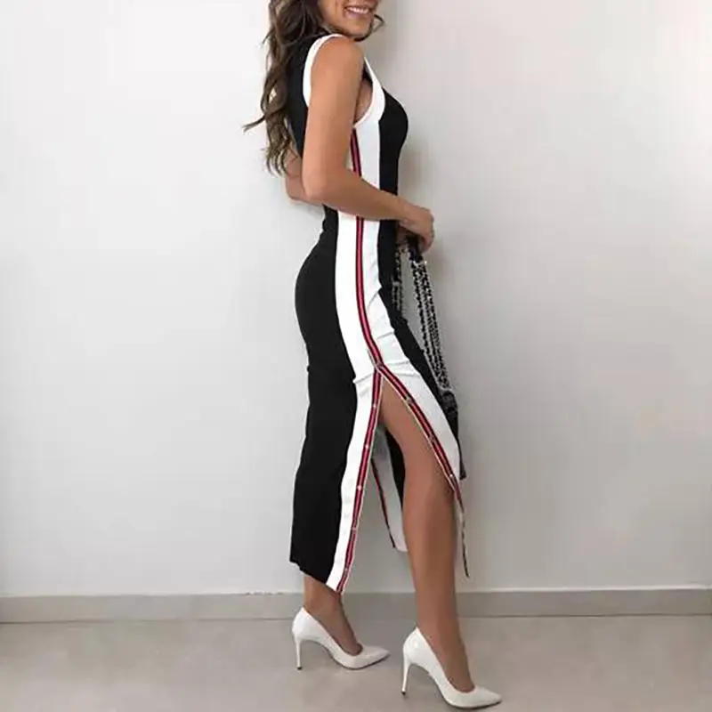 Для женщин Элегантный Черный Bodycon Slim Fit официальная Вечеринка платье Повседневное контраст Цвет Кнопка Разделение сбоку платье миди