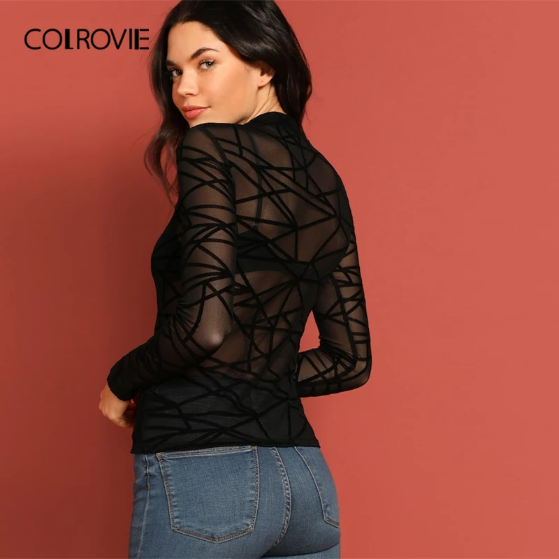 COLROVIE Black Sheer Sheer Mesh Geo Slim Fitted Sexy T-Shirt Women Spring Korean Long Sleeve Shirts Tee Club Ladies Tops